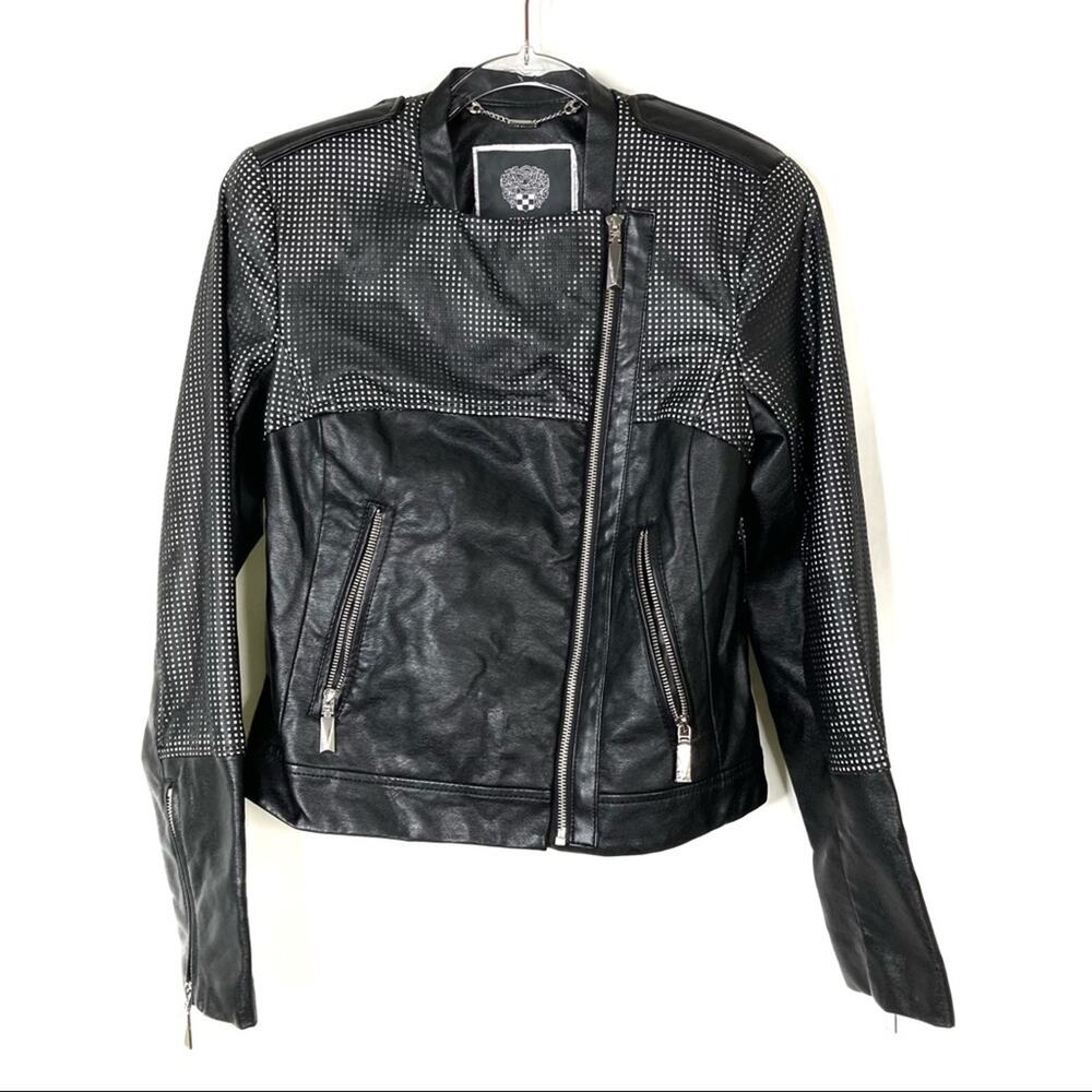 Vince Camuto Black Faux Leather Moto Jacket Checked Cutout Biker Womens Small